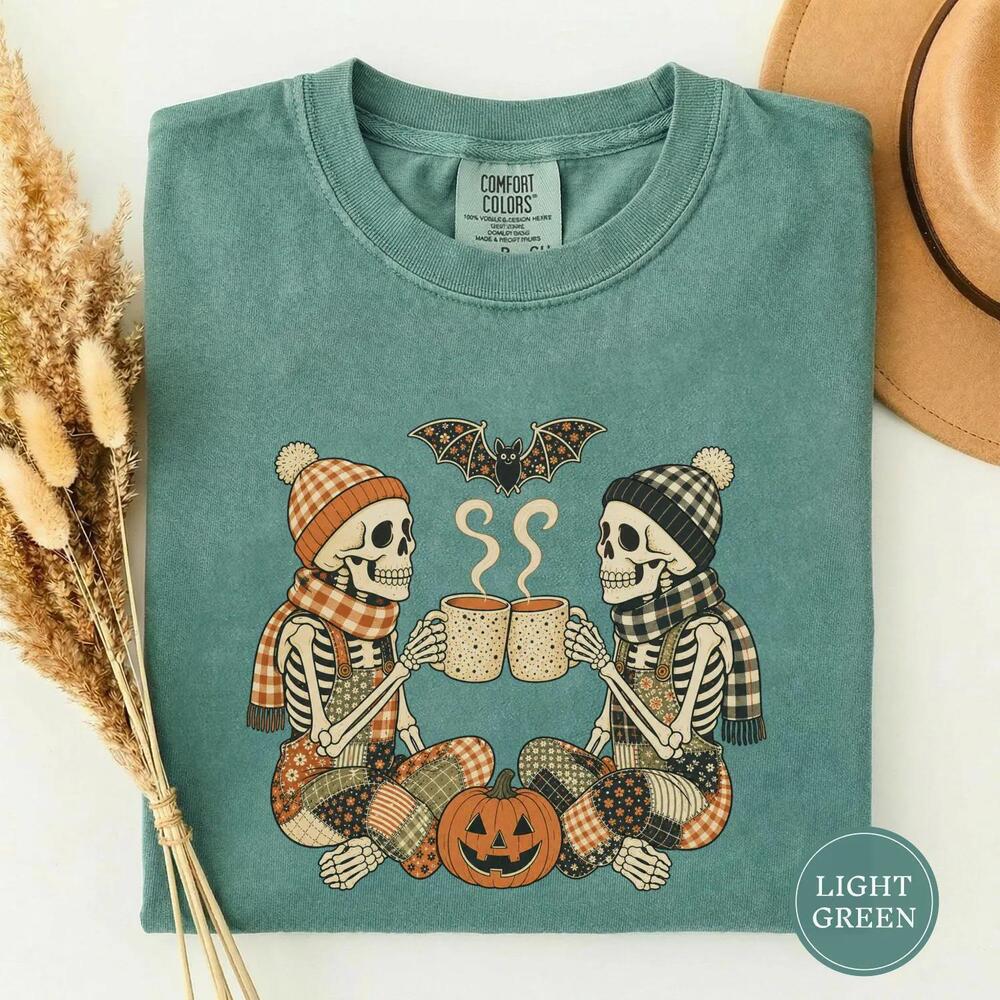 Two Skeletons Toasting Cocoa Mugs Tee, Wordless Halloween Shirt